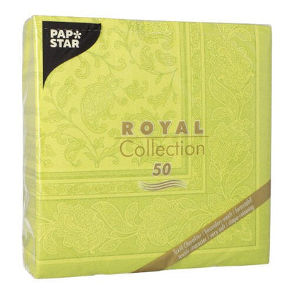 Un pachet verde PAPSTAR 50 șervețele "ROYAL Collection" (40 x 40 cm, 1/4-pliate) al PAPSTAR GmbH, care sunt prevăzute cu un model artistic și branding - ideal pentru ocazii festive.