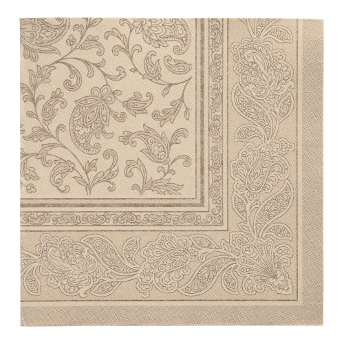 Cele PAPSTAR 50 de șervețele "ROYAL Collection" 1/4-pliere 40 x 40 cm în culoarea nisipului de la PAPSTAR GmbH au o bordură elegantă cu motiv paisley și flori - ideale pentru șervețele de înaltă calitate.