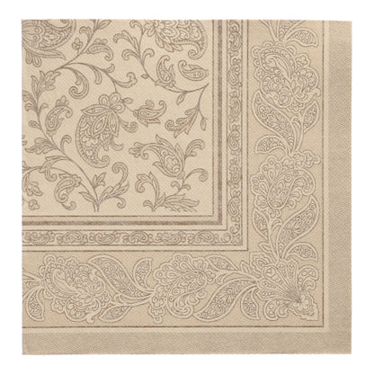 Cele PAPSTAR 50 de șervețele "ROYAL Collection" 1/4-pliere 40 x 40 cm în culoarea nisipului de la PAPSTAR GmbH au o bordură elegantă cu motiv paisley și flori - ideale pentru șervețele de înaltă calitate.
