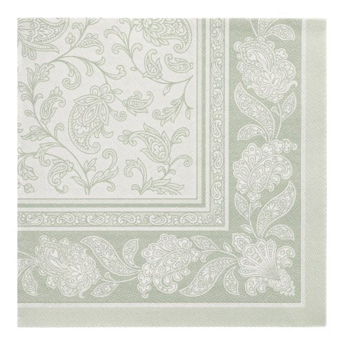 Adăugați eleganță mesei dvs. cu PAPSTAR 50 șervețele "ROYAL Collection" 1/4-pliate (40 x 40 cm, verde) al PAPSTAR GmbH cu un model floral Paisley verde deschis-alb și o bordură decorativă - ideal pentru ocazii festive.