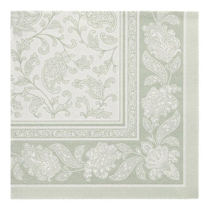 Adăugați eleganță mesei dvs. cu PAPSTAR 50 șervețele "ROYAL Collection" 1/4-pliate (40 x 40 cm, verde) al PAPSTAR GmbH cu un model floral Paisley verde deschis-alb și o bordură decorativă - ideal pentru ocazii festive.