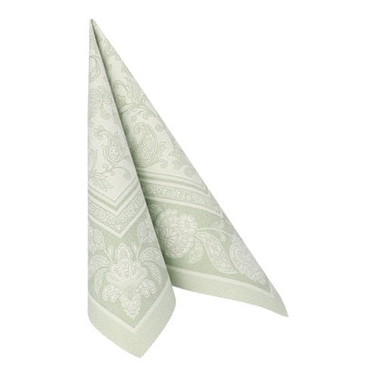 Un șervețel verde deschis PAPSTAR GmbH 50 șervețele "ROYAL Collection" 1/4 pliat (40 x 40 cm) cu modele paisley și flori albe, pliat vertical într-un vârf, pe un fundal alb.