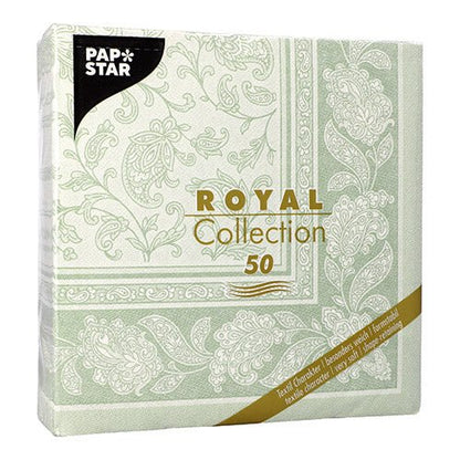 Cele 50 de șervețele "ROYAL Collection" 1/4 pliat ale PAPSTAR GmbH, în format 40 x 40 cm, în verde, sunt decorate cu un model paisley alb și un text frontal elegant auriu-alb.