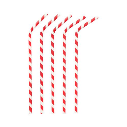 Cinci PAPSTAR paie de hârtie roșu/alb "Stripes", flexibile, 22 cm (PAPSTAR GmbH) sunt așezate una lângă alta pe un fundal alb, fiecare pai ecologic este îndoit în același unghi în partea de sus.