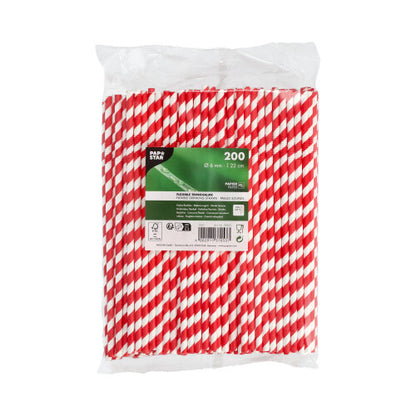 O pungă de plastic clară conține 200 PAPSTAR paie de hârtie roșu/alb "Stripes", flexibile, 22 cm. Eticheta PAPSTAR GmbH arată dimensiunea și materialul de hârtie ecologic pe un fundal alb.