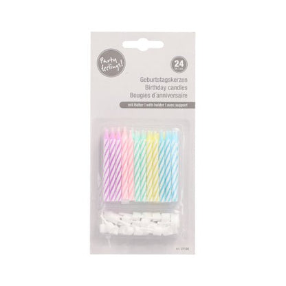 PAPSTAR 24 lumânări de aniversare cu dungi pastelate (roz, mov, albastru, galben, alb) cu suporturi, fiecare de 6 cm, în ambalaj transparent trilingv (germană/engleză/franceză), pachet de 10 bucăți de la PAPSTAR GmbH.