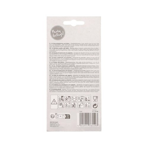 Ambalajul luminos al PAPSTAR 24 lumânări de aniversare cu suport (pastel, sortate, 6 cm) de la PAPSTAR GmbH este prevăzut cu un mic ghid dens, simboluri de avertizare, indicații de reciclare, un cod de bare și inscripția "Party feeling!" în partea de sus.
