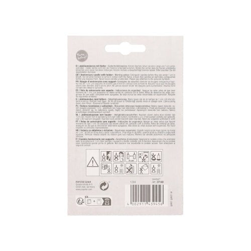 Partea din spate a unui ambalaj de PAPSTAR Lumânări aniversare cu suport 7 cm "auriu" (de la PAPSTAR GmbH) este prevăzută cu text multilingv, simboluri de avertizare și reciclare, un cod de bare dedesubt și o agățătoare centrală - ideal pentru aniversări sau lumânări cu suport.