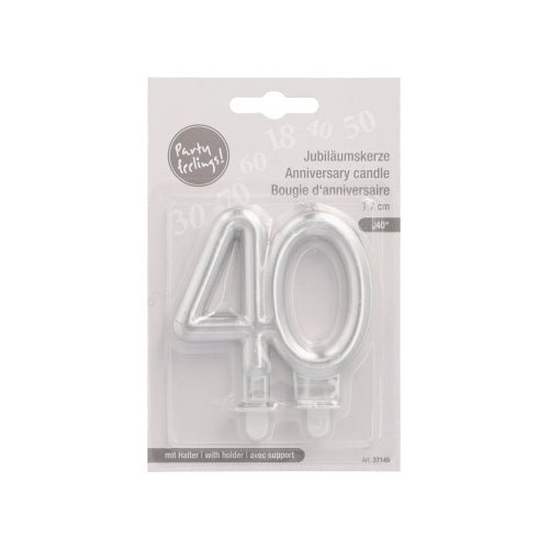 PAPSTAR GmbH lumânări aniversare cu suport 7 cm "argintiu" cu numărul 40 argintiu, ideale pentru zile de naștere sau aniversări, ambalate într-un display din plastic și carton cu text în germană, engleză și franceză.