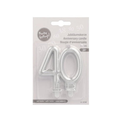 PAPSTAR GmbH lumânări aniversare cu suport 7 cm "argintiu" cu numărul 40 argintiu, ideale pentru zile de naștere sau aniversări, ambalate într-un display din plastic și carton cu text în germană, engleză și franceză.