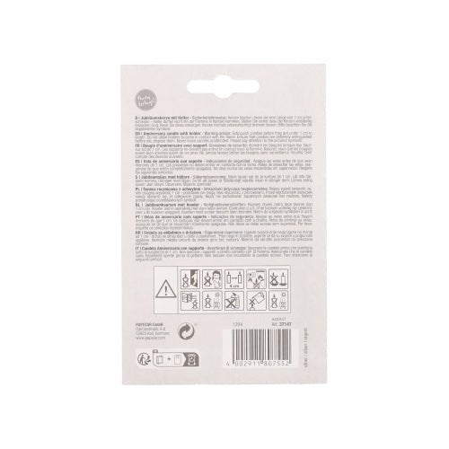 Spatele lumânărilor aniversare PAPSTAR cu suport 7 cm "argintiu" de la PAPSTAR GmbH arată indicații multilingve, simboluri de siguranță și reciclare în partea de jos și un cod de bare în partea de jos dreapta.