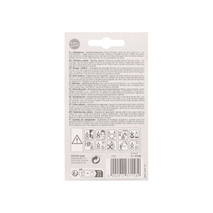 Pe partea din spate a unei cifre lumânare PAPSTAR cu suport 7 cm "aur" de la PAPSTAR GmbH se află instrucțiuni de siguranță, instrucțiuni multilingve, simboluri de avertizare, un cod de bare și informații de reciclare în scris negru pe fundal alb.