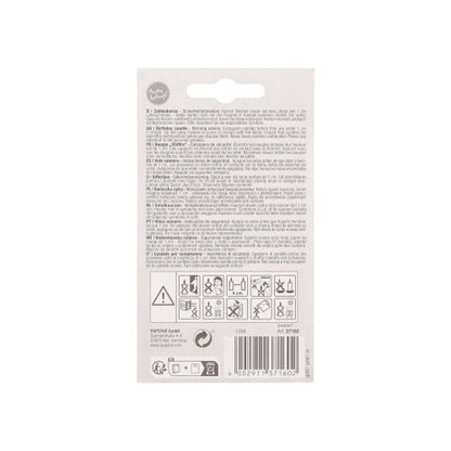 Partea din spate a unui ambalaj pentru cifra lumânare PAPSTAR GmbH cu suport 7 cm "aur" arată text în mai multe limbi, avertismente, pictograme, cod de bare, simboluri de siguranță și reciclare - ideală ca lumânare de aniversare.