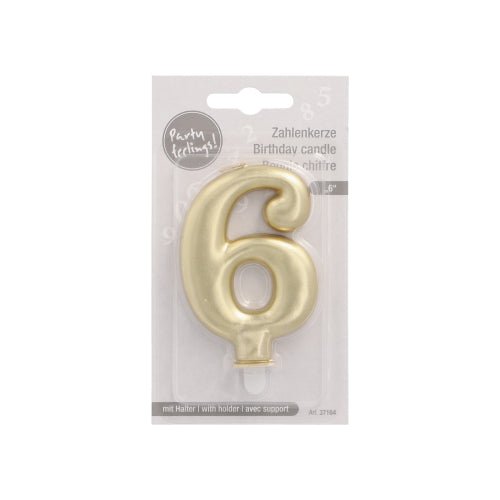 O lumânare aurie cu număr PAPSTAR cu suport, formată ca numărul 6 și de 7 cm înălțime, este ambalată în plastic cu etichetare multilingvă, descrierea lumânării de aniversare și un logo Party Greetings în colțul stâng sus. Marcă: PAPSTAR GmbH.