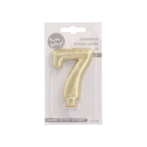 Lumânarea cu număr PAPSTAR GmbH cu suport 7 cm "aur" este o lumânare aurie în ambalaj de plastic transparent și carton, etichetată în germană și engleză cu suport alb - ideală ca decorațiune pentru tort.