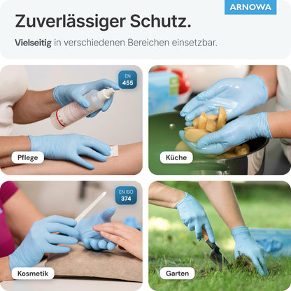 Eine Collage zeigt, wie ARNOMED NITRIL ICE BLUE Einmalhandschuhe aus Nitril Hellblau von ARNOWA GmbH mit Handschuhen benutzt werden, um eine Flasche auf eine Wunde zu sprühen, Kartoffeln zu bearbeiten, Nägel zu feilen und Gartenarbeit zu verrichten - was ihre Zuverlässigkeit und Vielseitigkeit unterstreicht.