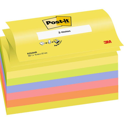 O promoție de note adezive Post-it® Super Sticky Z-Notes (76x127 mm, 100 de foi/bloc, 6 blocuri, diverse culori neon) de la 3M Deutschland GmbH - perfectă pentru birou. Cu certificare PEFC (SGSCH-PEFC-COC-110078).