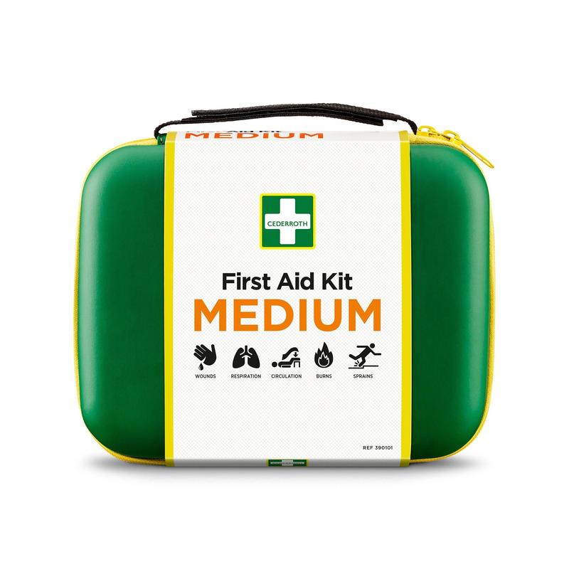Trusa de prim ajutor MEDIUM de la Orkla Wound Care AB (1 bucată) este o trusă de prim ajutor verde-galbenă cu simboluri pentru răni, respirație, circulație, arsuri și entorse. Are un fermoar și un mâner de transport în partea de sus.