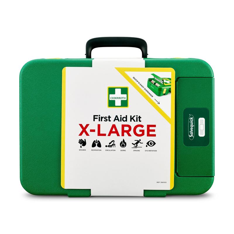 O trusă de prim ajutor cu carcasă dură verde X-LARGE de la Orkla Wound Care AB, cu simboluri pentru răni, respirație, circulație, arsuri, entorse și protecție oculară - ideală pentru diverse situații de urgență. Pachet (1 bucată).