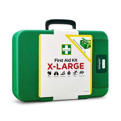 Trusa de prim ajutor verde X-LARGE de la Orkla Wound Care AB are o etichetă frontală albă cu simboluri pentru răni, respirație, circulație, arsuri și îngrijirea ochilor - ideală pentru situații de urgență. Pachet (1 bucată).