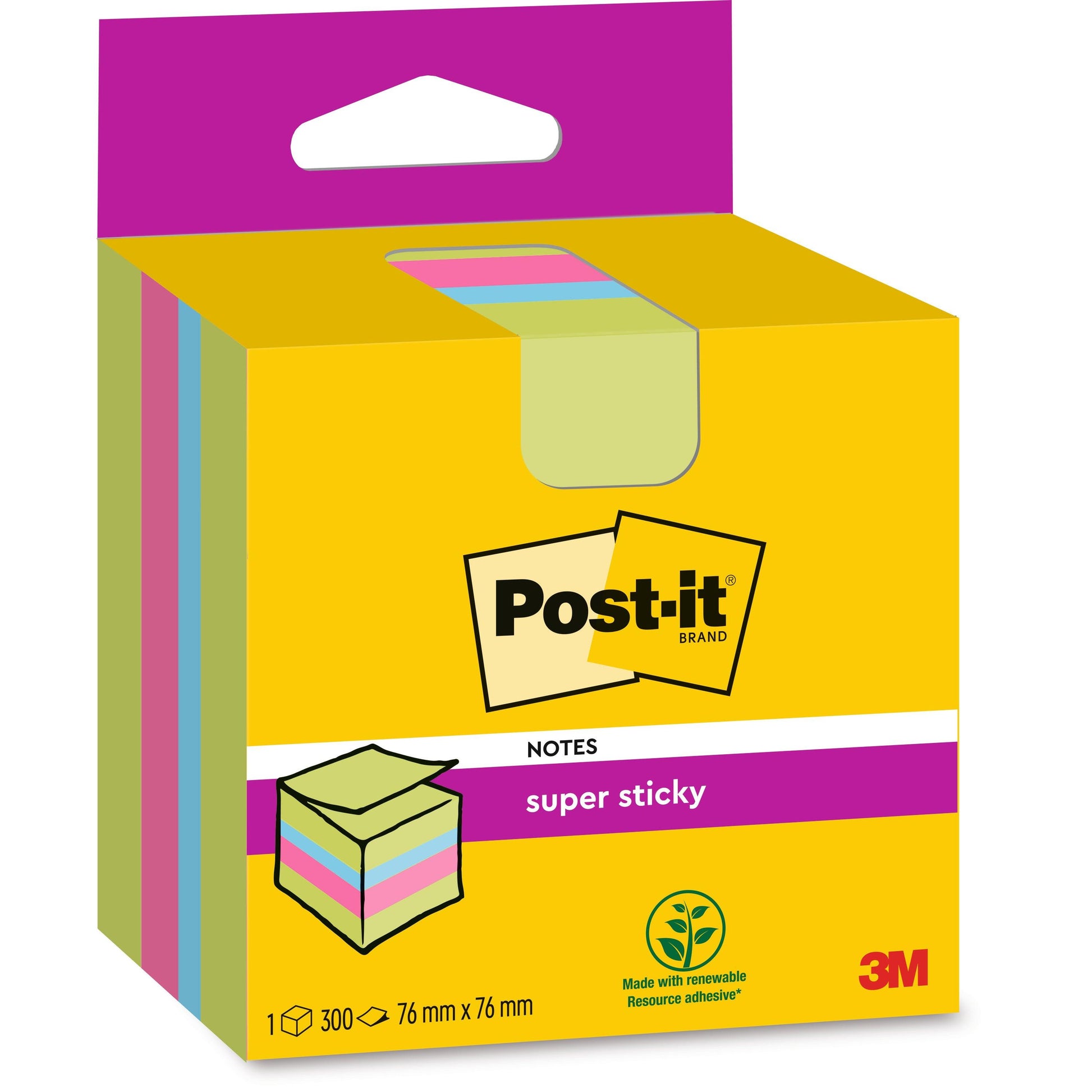 Eine Packung Post-it® Super Sticky Notes Würfel von 3M Deutschland GmbH, 300 Zettel in vier Farben, 76 mm x 76 mm, auf einer gelb-rosa Schachtel mit dem 100% PEFC-Zeichen und dem Symbol für nachwachsende Rohstoffe.