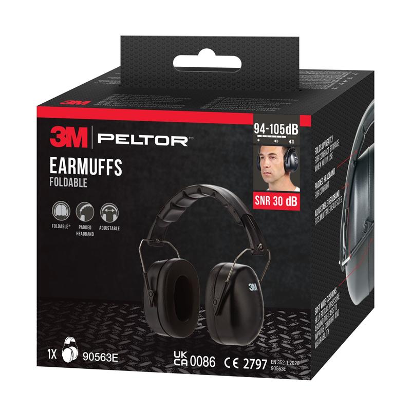 Ambalajul protecției auditive cu capsule 3M™ cu bandă pliabilă pentru cap 90563E, SNR 30 dB, arată modelul negru, informații despre produs și o mică fotografie a unei persoane purtând protecția auditivă. Producător: 3M Deutschland GmbH.