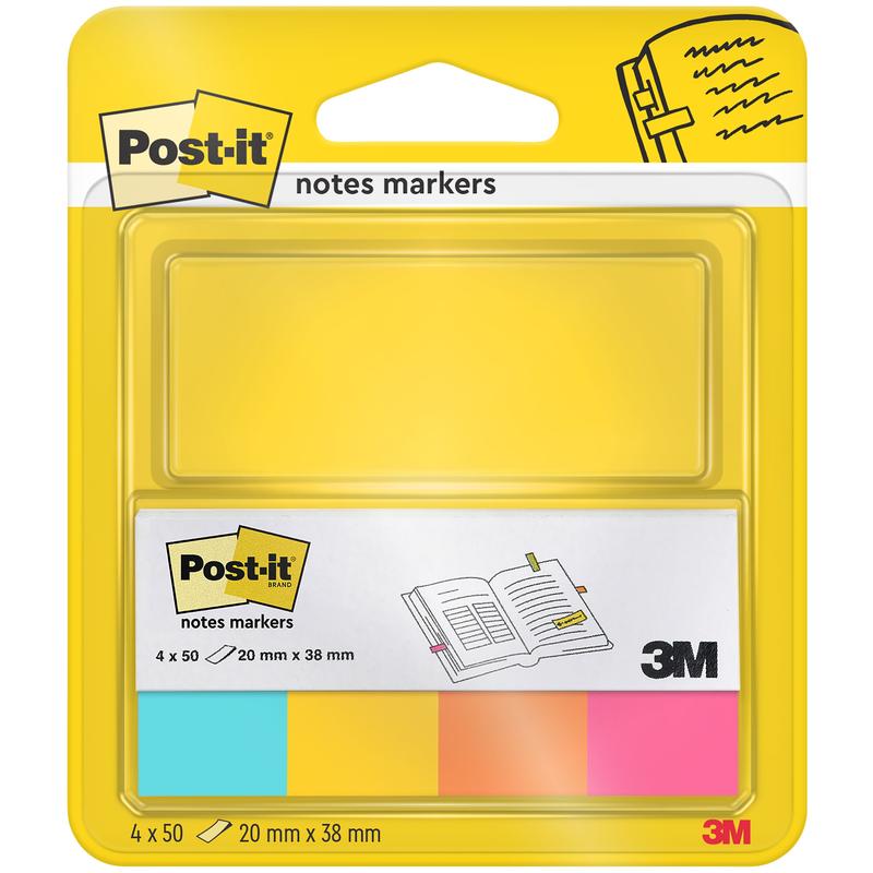 Un pachet de markere Post-it® Page de la 3M Deutschland GmbH conține patru blocuri (galben, verde, roz și portocaliu), fiecare 20 mm x 38 mm cu 50 de foi/bloc, 100% certificat PEFC. Ambalajul, de obicei galben, are o fereastră transparentă prin care se pot vedea markerii.