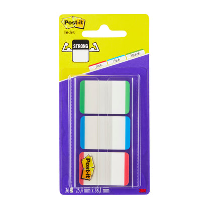 Un pachet de 3M Post-it® Index Strong Ablagetabs în culori diferite, dimensiune standard (25,4 mm x 38,1 mm), conține 66 de benzi adezive pe distribuitor.