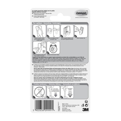 Spatele pachetului de cârlige mini Command™ 17066 (3M Deutschland GmbH) cu pași de utilizare și îndepărtare ilustrați, perfect pentru spații mici; include detalii despre produs, avertismente, site web și cod de bare jos.