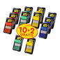 Douăsprezece pachete de benzi adezive Post-it® Index de la 3M Deutschland în diferite culori (25,4 x 43,2 mm), fiecare cu 10 distribuitoare + 2 gratuite (50 benzi/distribuitor). Perfect pentru organizarea documentelor - "10+2 GRATIS" pe etichetă.