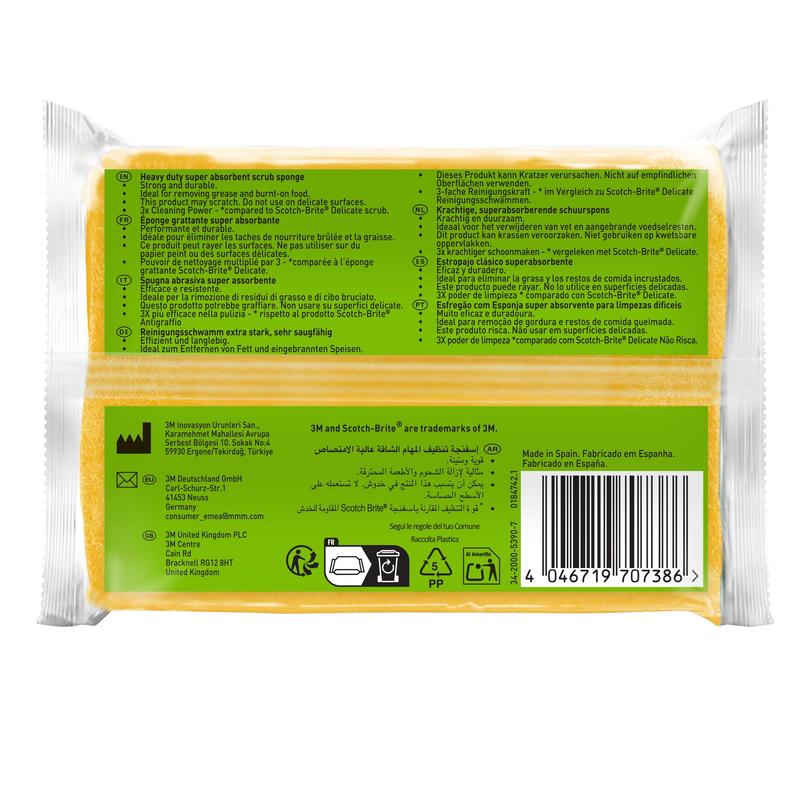 Un pachet de bureți de curățare Scotch-Brite® Classic galben și verde de la 3M Deutschland GmbH este prevăzut cu indicații multilingve, simboluri de reciclare, informații despre produs și un cod de bare pe partea dreaptă a ambalajului.