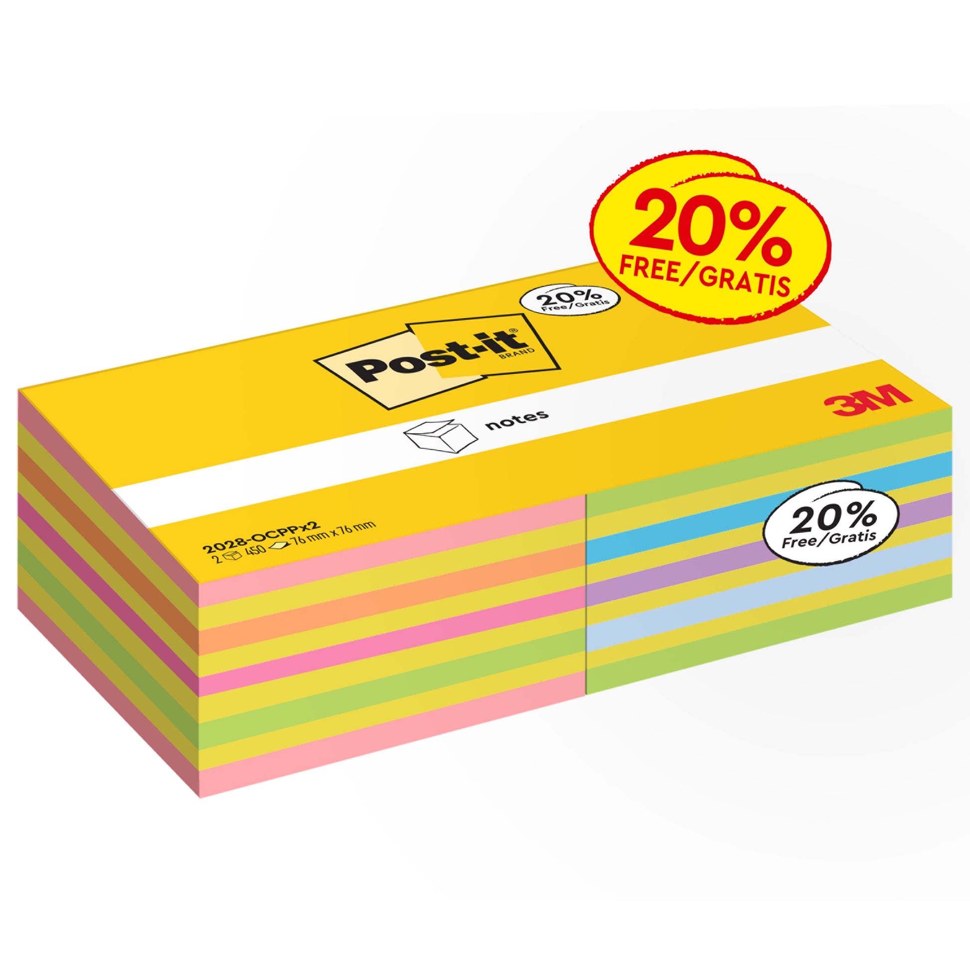 Eine Packung Post-it® Notes Würfel (76x76mm, 450 Blatt/Block, 2 Blöcke/Packung), in verschiedenen Farben. Die Verpackung zeigt das Post-it Logo, "20% Free/Gratis" und das Logo der 3M Deutschland GmbH. 100% PEFC-zertifiziert.