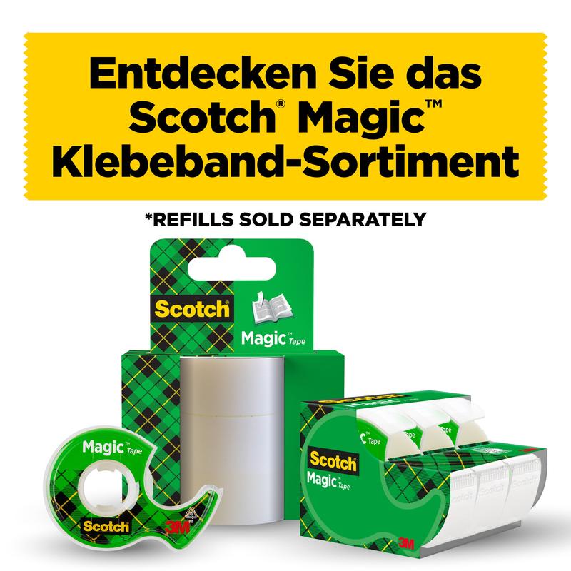 Reclamă germană pentru 3M Deutschland GmbH: Scotch® Magic™ Bandă Adezivă Invizibilă, 2 role (19 mm x 12 m + 3,2 m GRATIS) plus 1 dispenser manual. Produse cu carouri verzi sub un banner galben. Notă: Reumpleri disponibile separat.