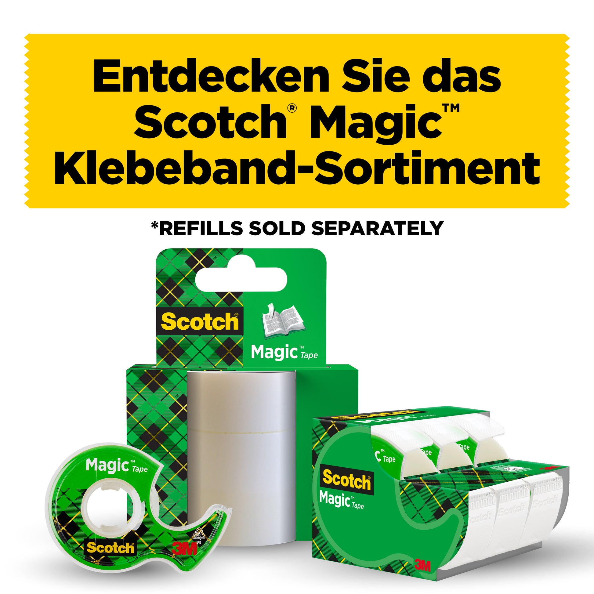 Ein Werbebild zeigt 3M Deutschland GmbH Scotch® Magic™ Unsichtbares Klebeband (2 Rollen, 19 mm x 7,5 m) mit einem kostenlosen Abroller; die Verpackung ist grün kariert. Der deutsche Text weist darauf hin, dass Nachfüllpackungen separat erhältlich sind.