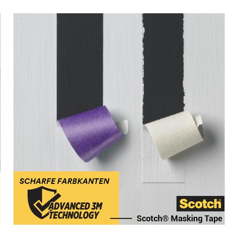 Două fâșii de bandă de mascare Scotch® pentru suprafețe sensibile (24 mm x 41 m) de la 3M Deutschland GmbH sunt desprinse de pe o suprafață vopsită alb-negru, dezvăluind linii de culoare clare. Pe o etichetă galbenă scrie "Margini de culoare clare Tehnologie avansată 3M".