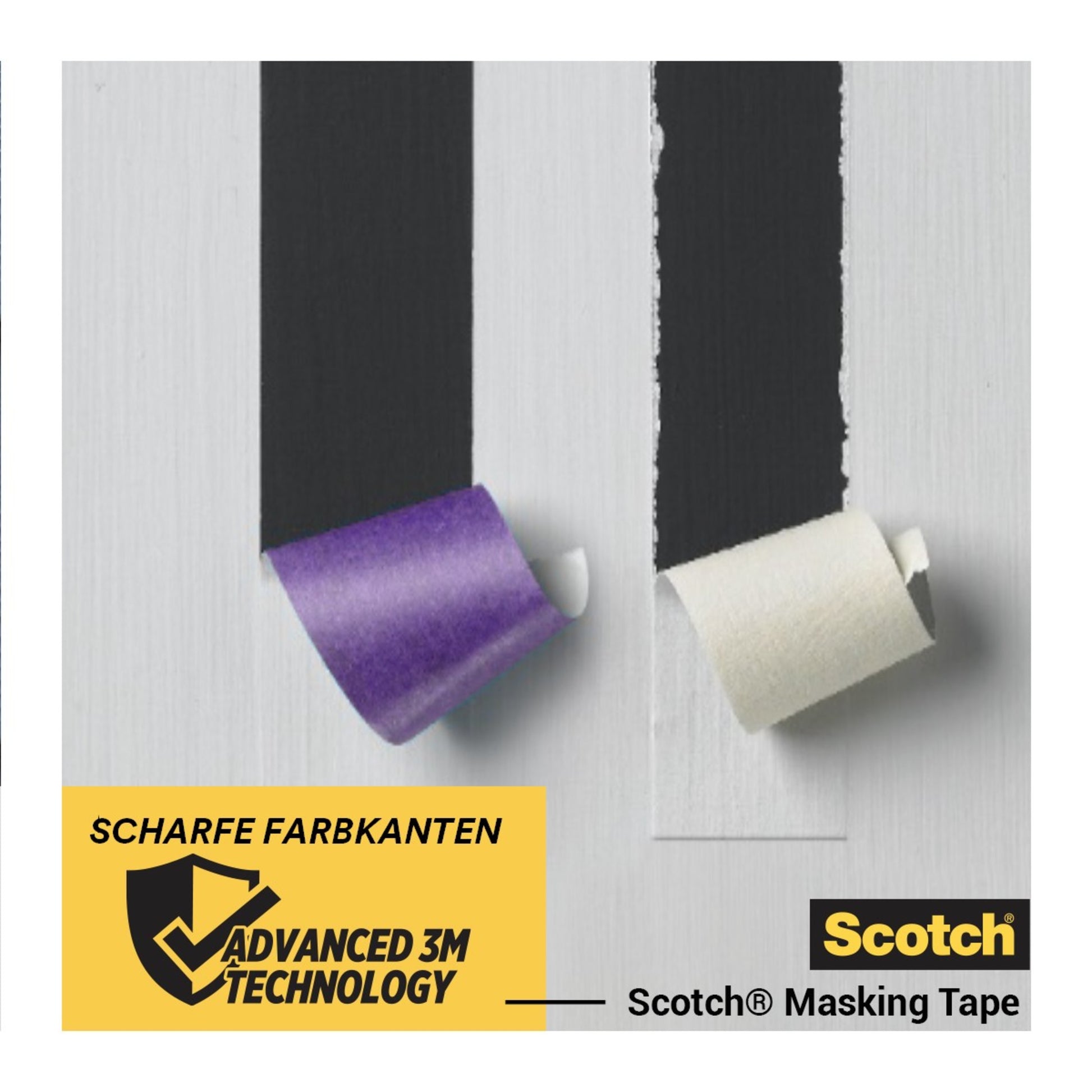 Zwei Streifen lila-weißes Scotch® Malerabdeckband für empfindliche Oberflächen (24 mm x 41 m) der 3M Deutschland GmbH werden von einer schwarz-weiß gestrichenen Fläche abgezogen, wobei scharfe Farblinien sichtbar werden. Auf einem gelben Etikett steht "Scharfe Farbkanten Advanced 3M Technology".