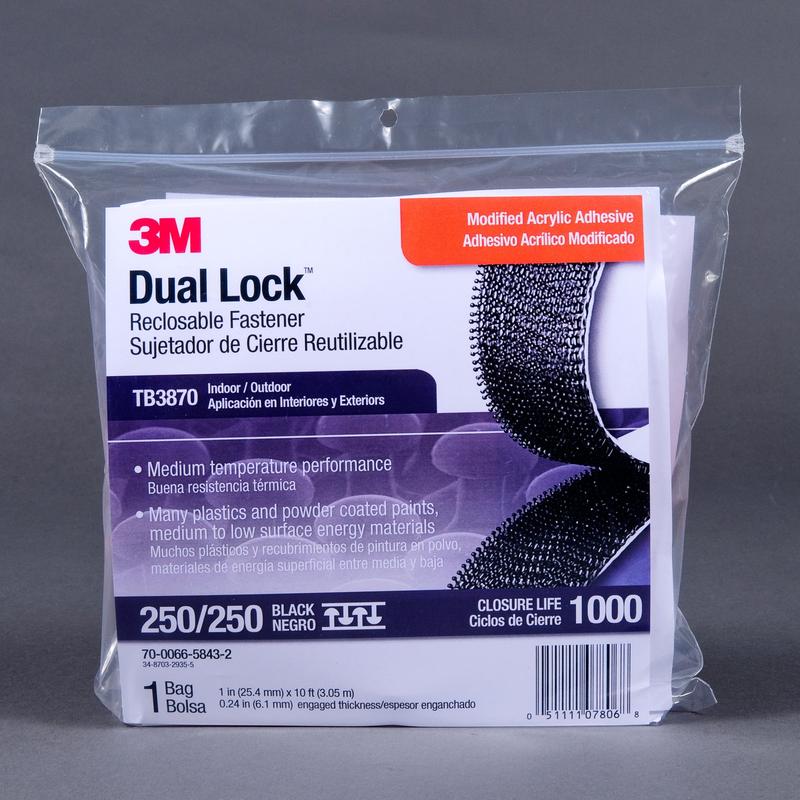 3M™ Dual Lock™ TB3870, negru, 25 mm x 3 m, 6,1 mm, 40 capete/cm2, exterior | Geanta (1 bucata)
