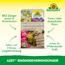 Abgebildet ist eine Schachtel Azet RhododendronDünger von Neudorff Shop mit leuchtenden Rhododendren und Azaleen auf der Verpackung und der organischen Volldünger-Formel für eine gesunde Blüte mit Sofort- und Langzeitwirkung.