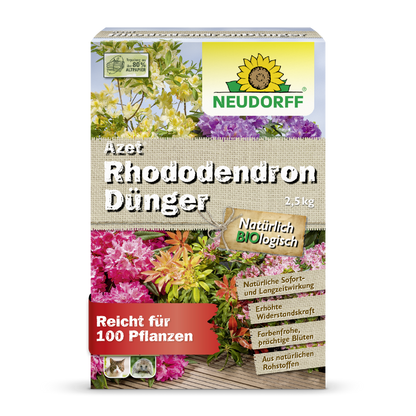 Eine 2,5-kg-Packung Neudorff Shop Azet RhododendronDünger, ein organischer Dünger für Rhododendren und Azaleen, mit Bildern von blühenden Blumen und deutschen Produktdetails auf der Vorderseite der Verpackung.