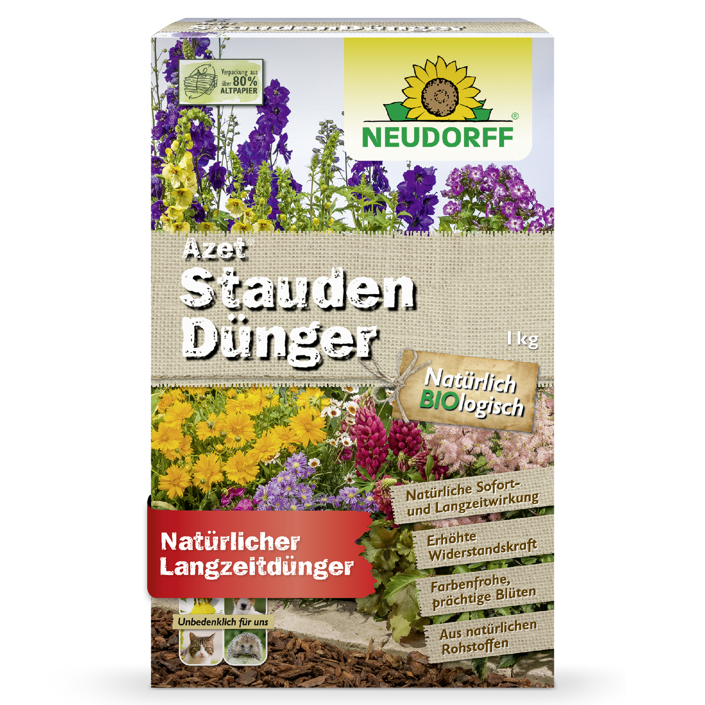 Eine Schachtel mit Neudorff Shop Azet StaudenDünger, einem organischen Dünger für Gärten und Stauden, mit bunten Blumen und deutschen Produktinformationen auf der Vorderseite.