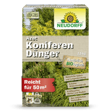 Cutie Neudorff Shop Azet KoniferenDünger, 2,5 kg. Îngrășământul organic întărește acele verzi, promovează un ecran dens și este suficient pentru până la 50 m². Ambalajul prezintă ramuri de conifere verzi.