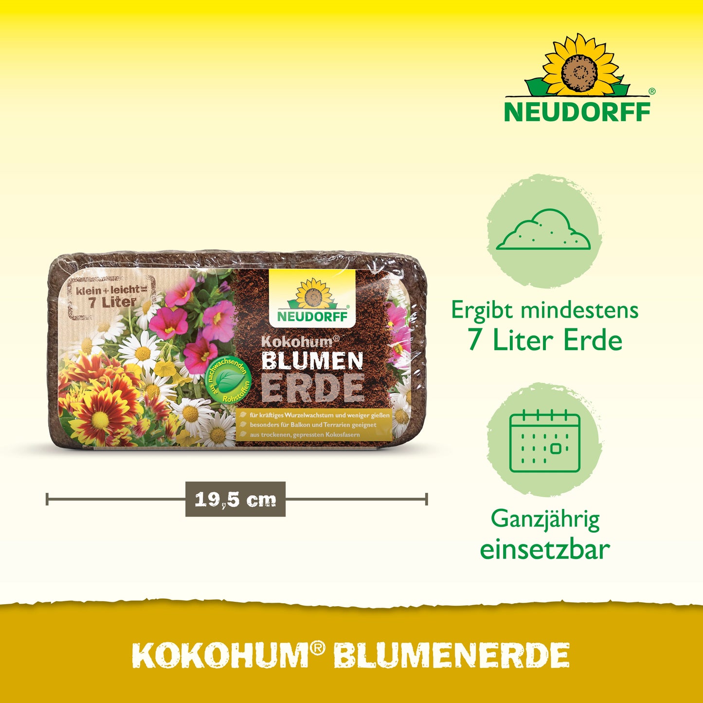 Ein verpackter Block Neudorff Shop Kokohum BlumenErde, mit bunten Blumen auf dem Etikett, ergibt mindestens 7 Liter Erde, ist 19,5 cm breit und eignet sich für den ganzjährigen Einsatz.