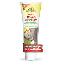 Eine Tube Neudorff Shop Malusan Wundverschluss, ideal zum Verschließen von Wunden nach dem Baumschnitt, abgebildet mit einem Brandzeichen, einer Beschreibung und dem Bild einer Person, die ihn auf einen Baumstamm aufträgt.