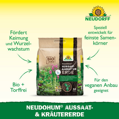 Un sac de Neudorff Shop NeudoHum Aussaat- & KräuterErde stă vertical pe un fundal alb cu accente verzi și galbene, pe care este scris un text în germană despre adecvarea vegană și utilizarea ideală pentru înmulțirea florilor și legumelor.