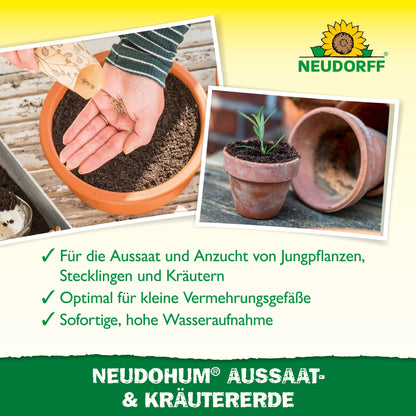 O mână umple cu o lingură de lemn un mic ghiveci de teracotă cu NeudoHum Aussaat- & KräuterErde de la Neudorff Shop. Jos, o plantă încolțită se află într-un alt ghiveci, în timp ce un text în germană descrie cum acest pământ ajută la înmulțirea florilor și legumelor.