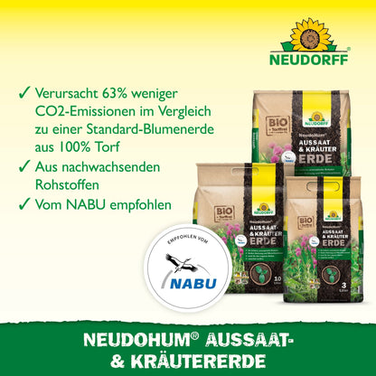 Trei pungi de NeudoHum Aussaat- & KräuterErde de la Neudorff Shop stau pe iarbă verde. Textul indică emisii reduse de CO₂, resurse regenerabile și o recomandare NABU pentru înmulțirea florilor și legumelor. În stânga se vede logo-ul NABU.