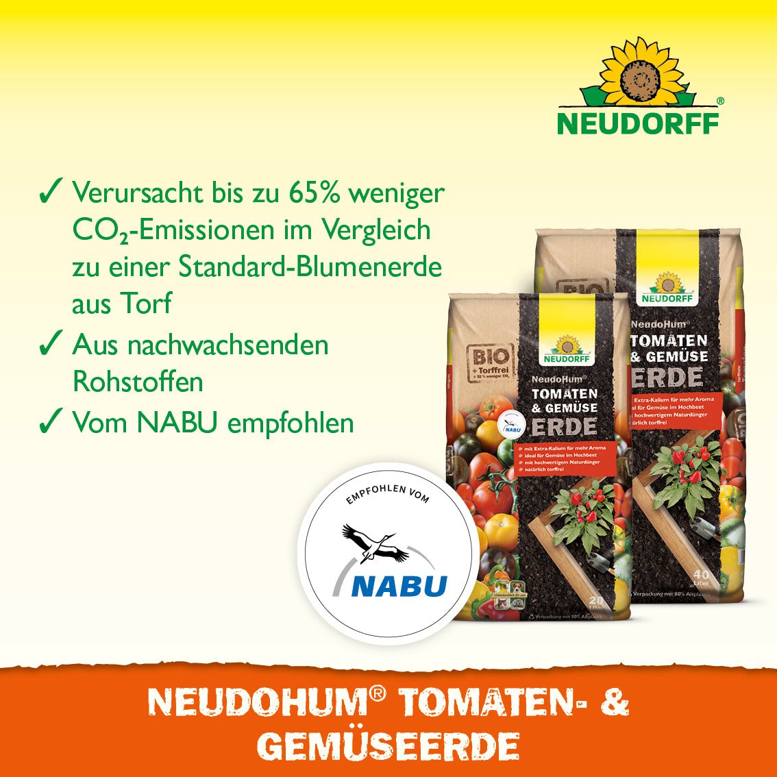 Un prim-plan al NeudoHum Tomaten- & GemüsesErde din Neudorff Shop, substratul perfect pentru legumele de vară, care îndeplinește cerințele nutriționale ale plantelor dumneavoastră.