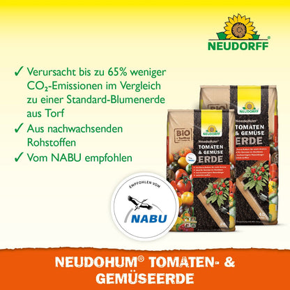 Un prim-plan al NeudoHum Tomaten- & GemüsesErde din Neudorff Shop, substratul perfect pentru legumele de vară, care îndeplinește cerințele nutriționale ale plantelor dumneavoastră.
