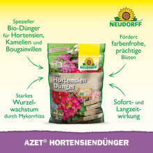 Un pachet de Neudorff Shop Azet HortensienDünger stă vertical pe un fundal alb cu accente verzi și galbene și afișează un text în germană despre avantajele sale pentru hortensii, camelii și bougainvillea din grădina dumneavoastră pentru o înflorire frumoasă.
