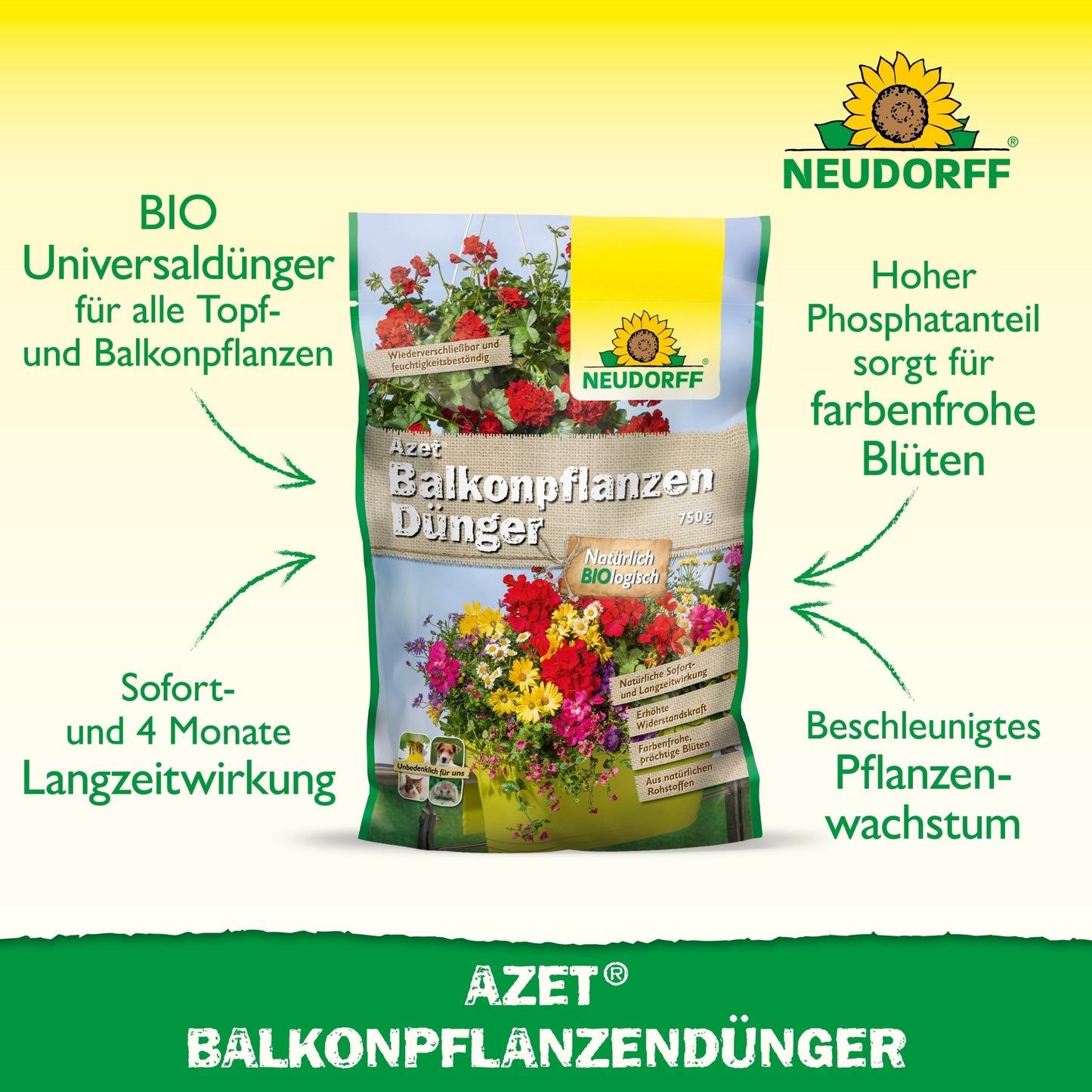 Neudorff Shop Azet BalkonpflanzenDünger este ideal pentru flori de vară în jardiniere și conține îngrășământ organic complet de înaltă calitate pentru creștere viguroasă și flori strălucitoare.